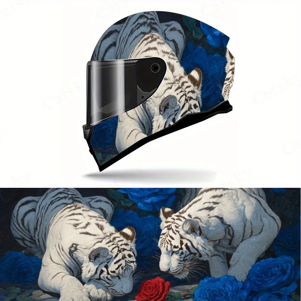 

White Tiger and Blue Rose - Red Rose Motorcycle Helmet PVC Protective Sticker, Motorcycle Helmet Exterior Decorative Accessory,
