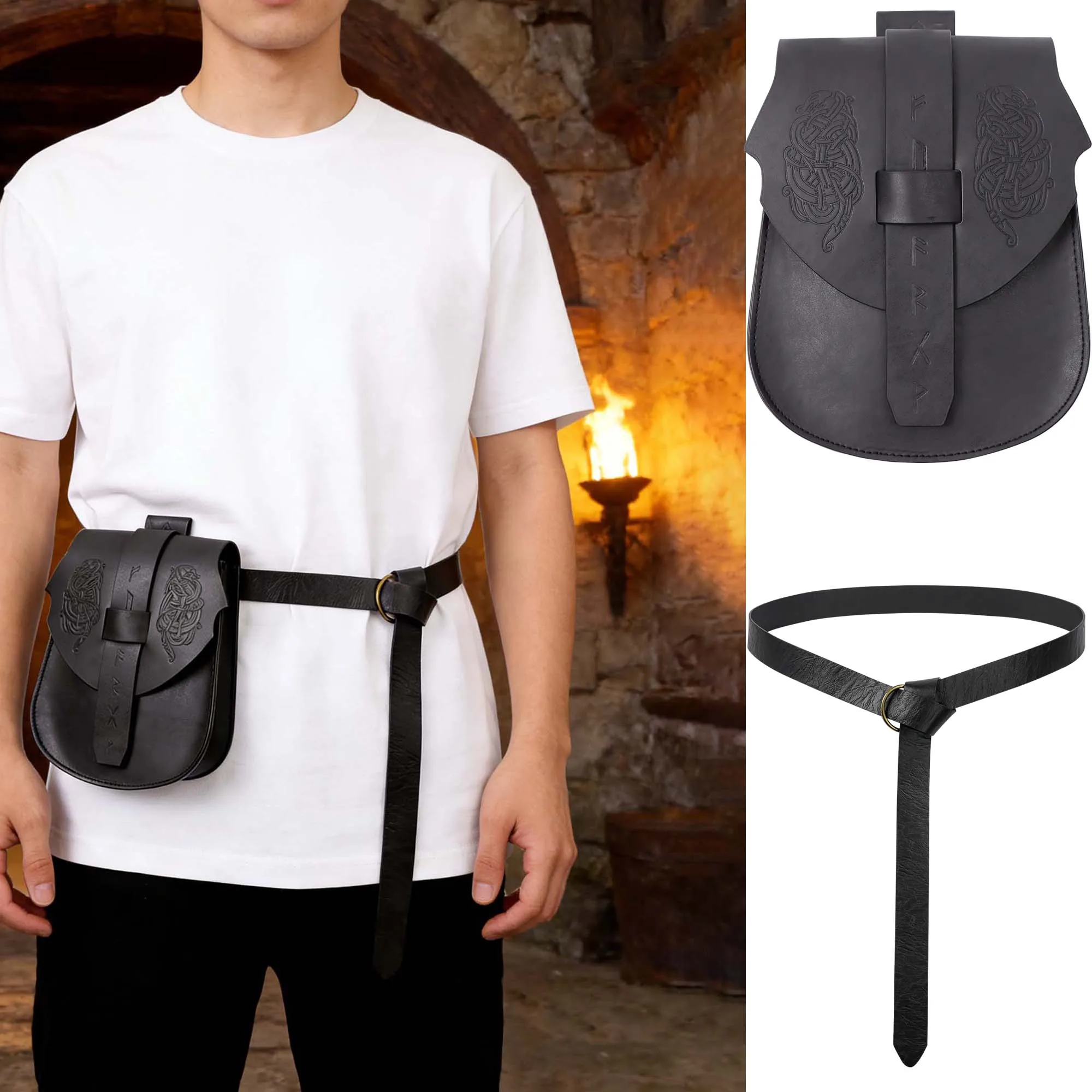 Medieval Belt Men Women PU Leather Retro Embossed Viking Belt Set Renaissance Knight Waistband Pirate Cosplay Accessories