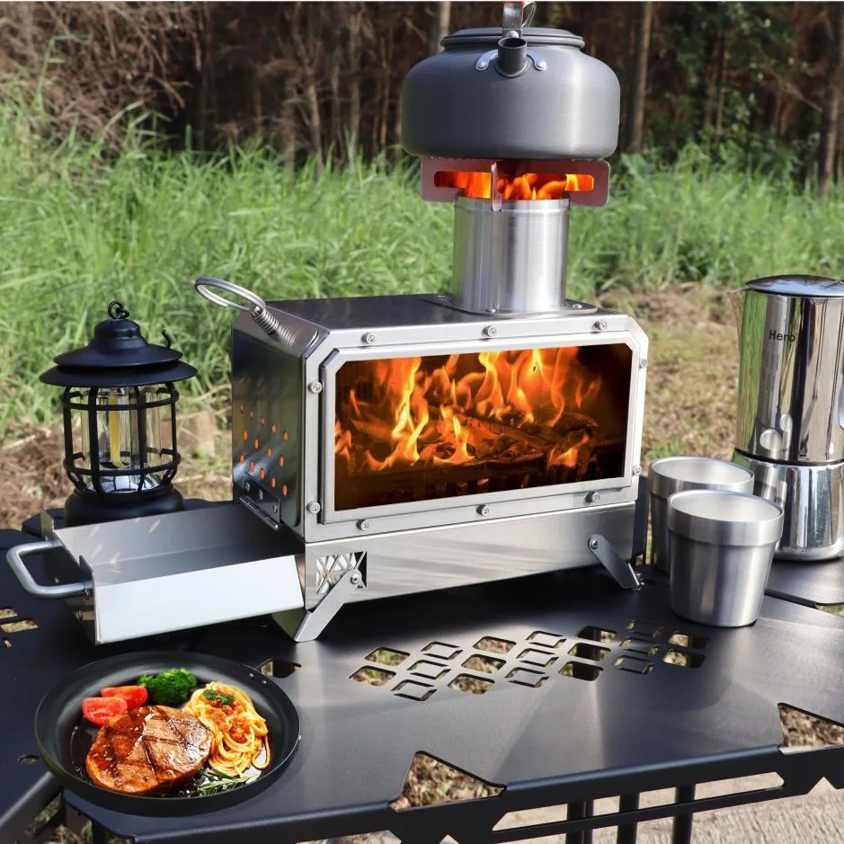 

Heating stove Wood stove, camping Outdoor stainless steel tabletop with oven Glass viewing stove