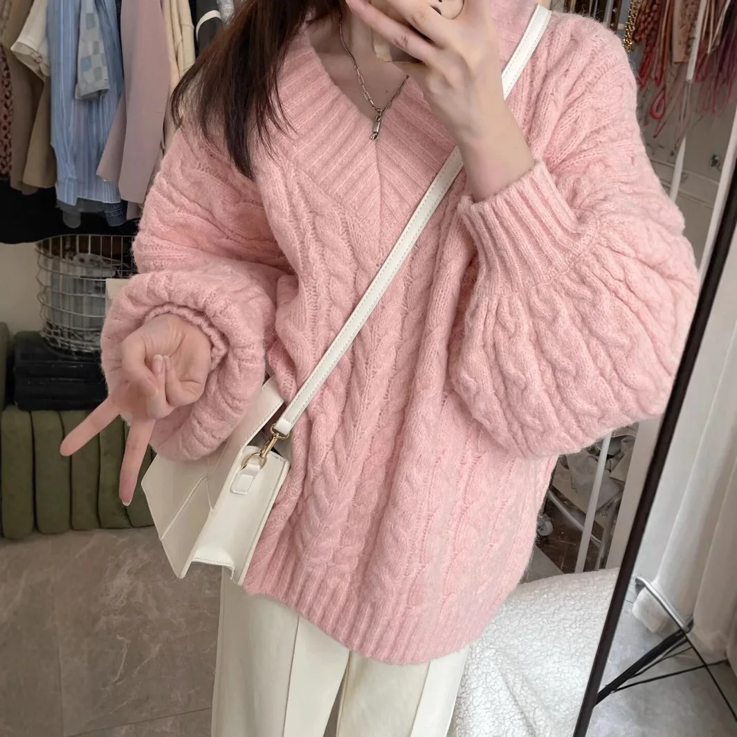 

Sweater Women Fashion Oversized Pink V Neck Knitted Pullovers Korean Long Sleeve Knitwear Winter Casual Jumpers