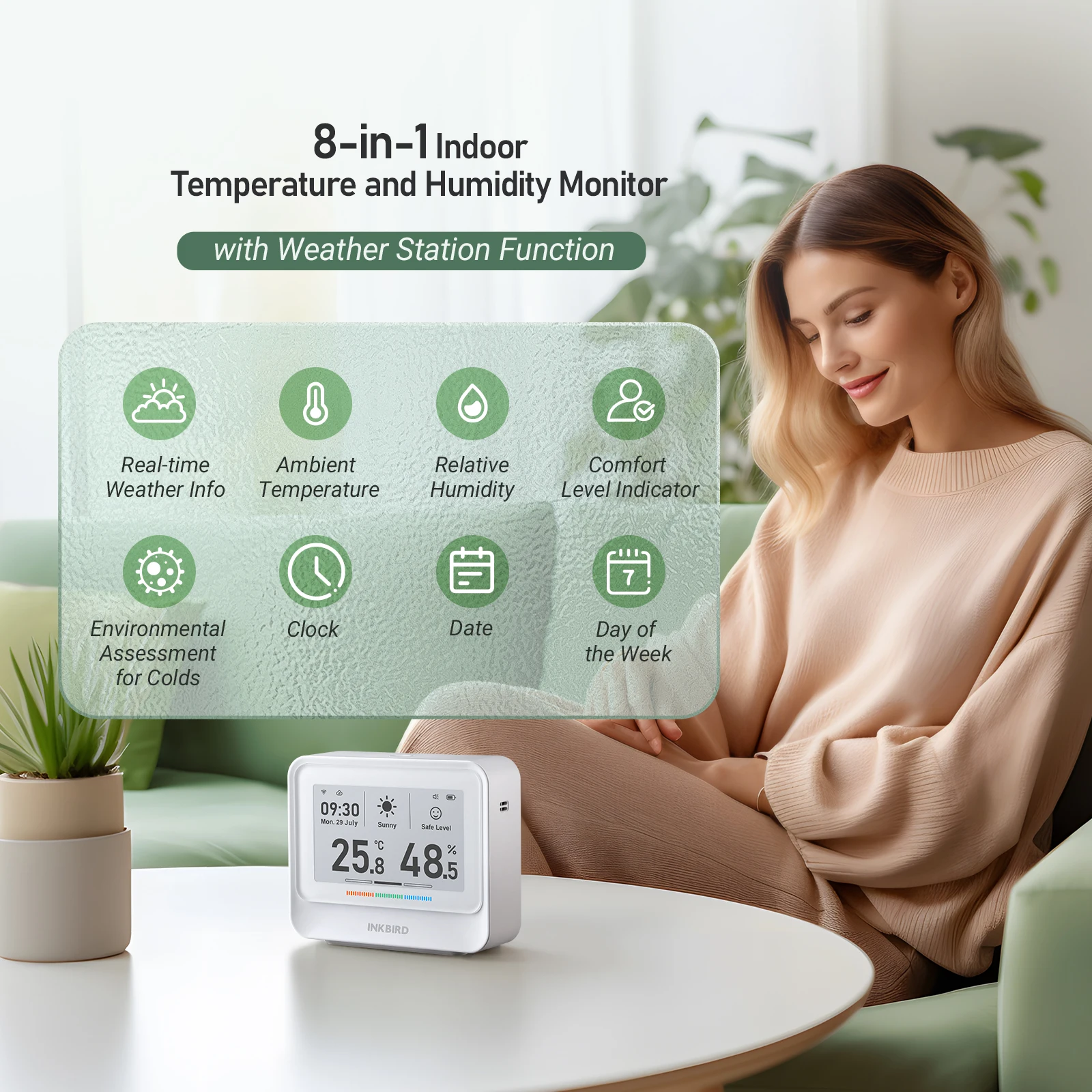 INKBIRD 3.71 Inch IBS-TH5-WIFI 8-in-1 Indoor Temperature and Humidity Monitor Home Weather Station with Electronic Ink Display