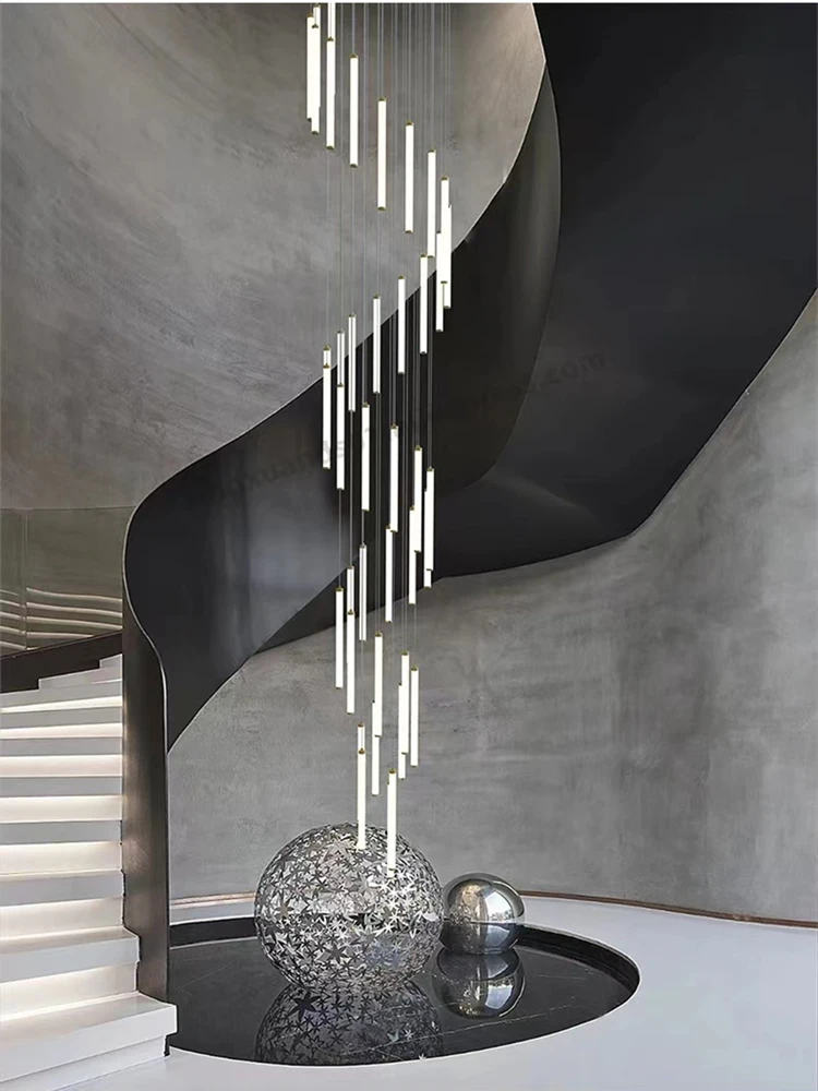 modern minimalista stair chandelier edificio duplex villa de luxo sala restaurante cozinha luz led pendant lamp ouro preto 01