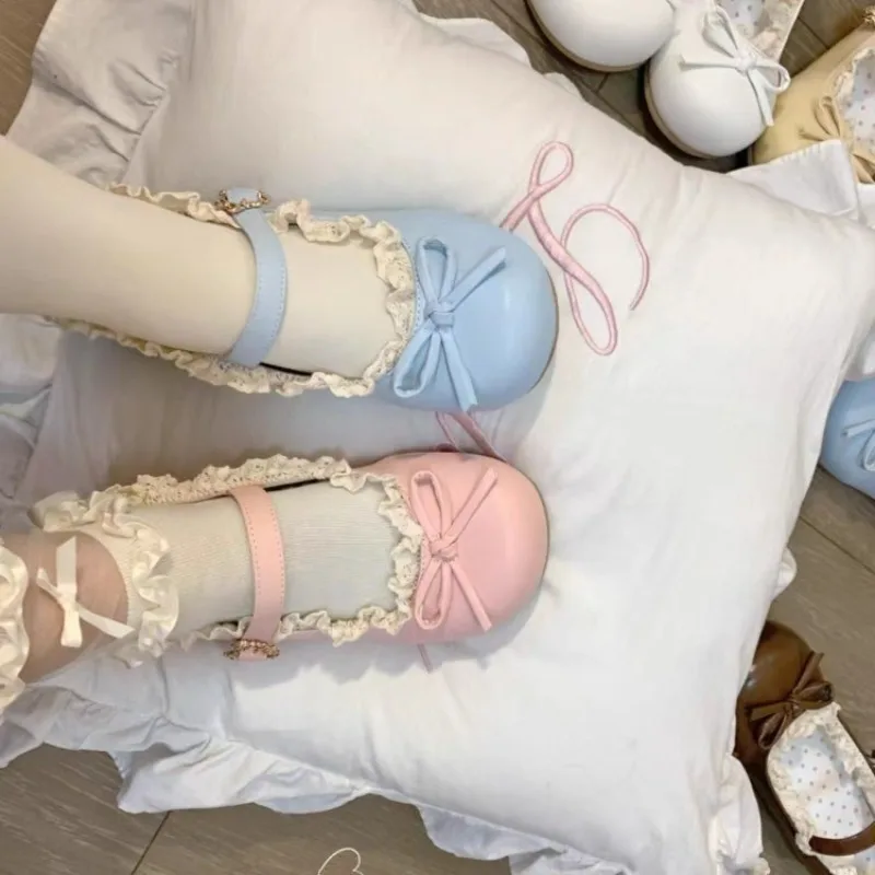 

Women's Mary Jane Shoes Classic Round Headed Shallow Mouth Small Leather Shoes Sweet Style Lace Bow Lolita Shoes JK Skirt Flats