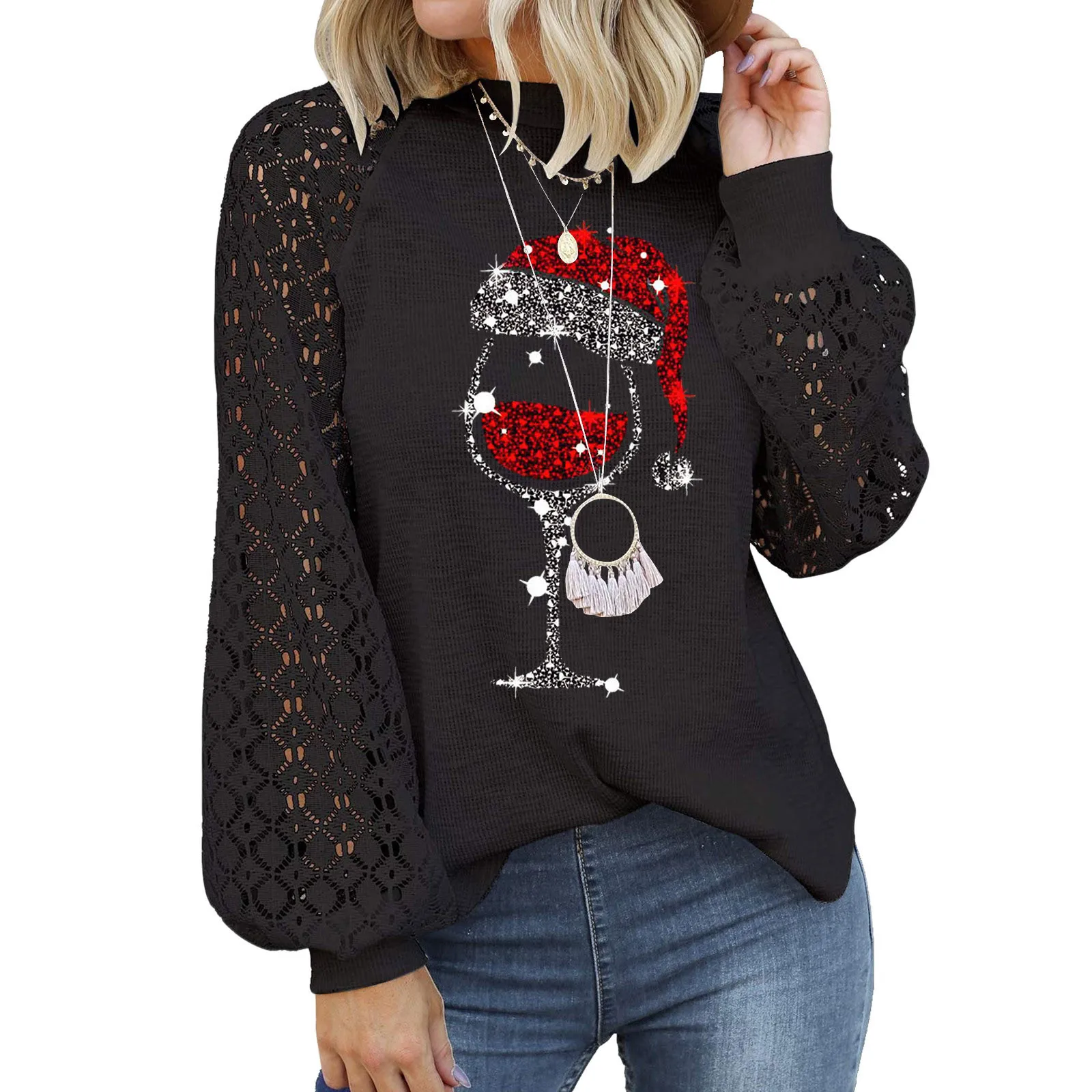 Lace Crochet Knit Women Christmas T Shirt Long Sleeve Wine Glass Print Aesthetic T Shirts Pullover Loose Streetwear Blouses Tops