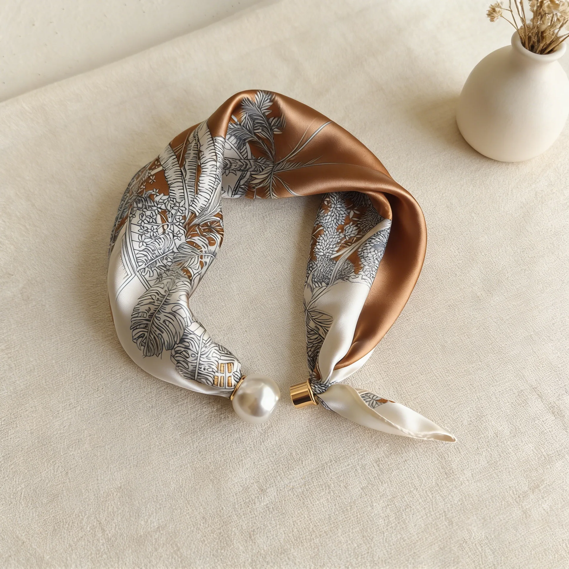 

Silk Scarf Women Neck Scarf Female Chain Buckle Lazy Pearl Collarbone Magnetic Thin Pendant Shawl Wraps Designer Daily Brand