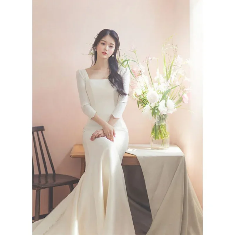 2025 New Bride Satin Simple Retro Travel Photography Slim Tail Light Tulle Fishtail Wedding Dress