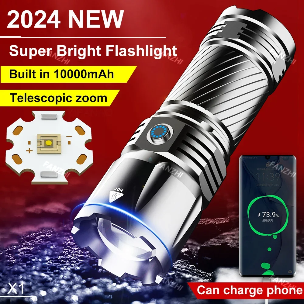 

8000M Long Shot Spotlight Flashlight Built in 10000mAH Powerful Rechargeable Tactical Flashlight Zoomable Waterproof for Camping