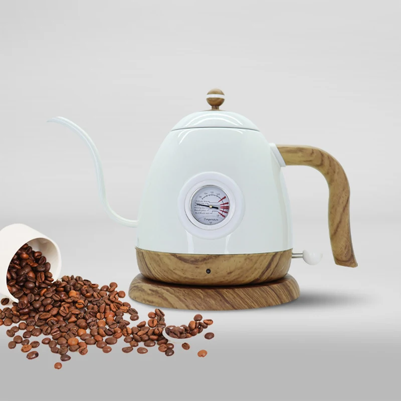 

110V Retro Electric Kettle 800ml Gooseneck Jug Hand brew Coffee Pot Wood Grain Slender Mouth Pot Home 304 Stainless Steel Teapot