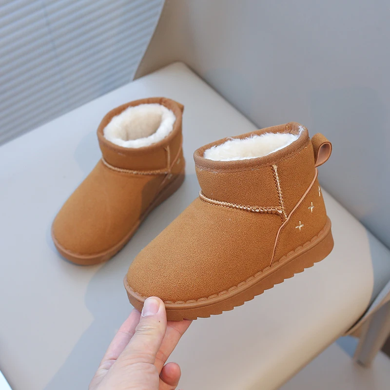 Brown/black Kids Snow Boots with Flat Heel Low Cut Slip Resistant Soft Sole Cold Resistant and Warm Winter Suede Snow Boots