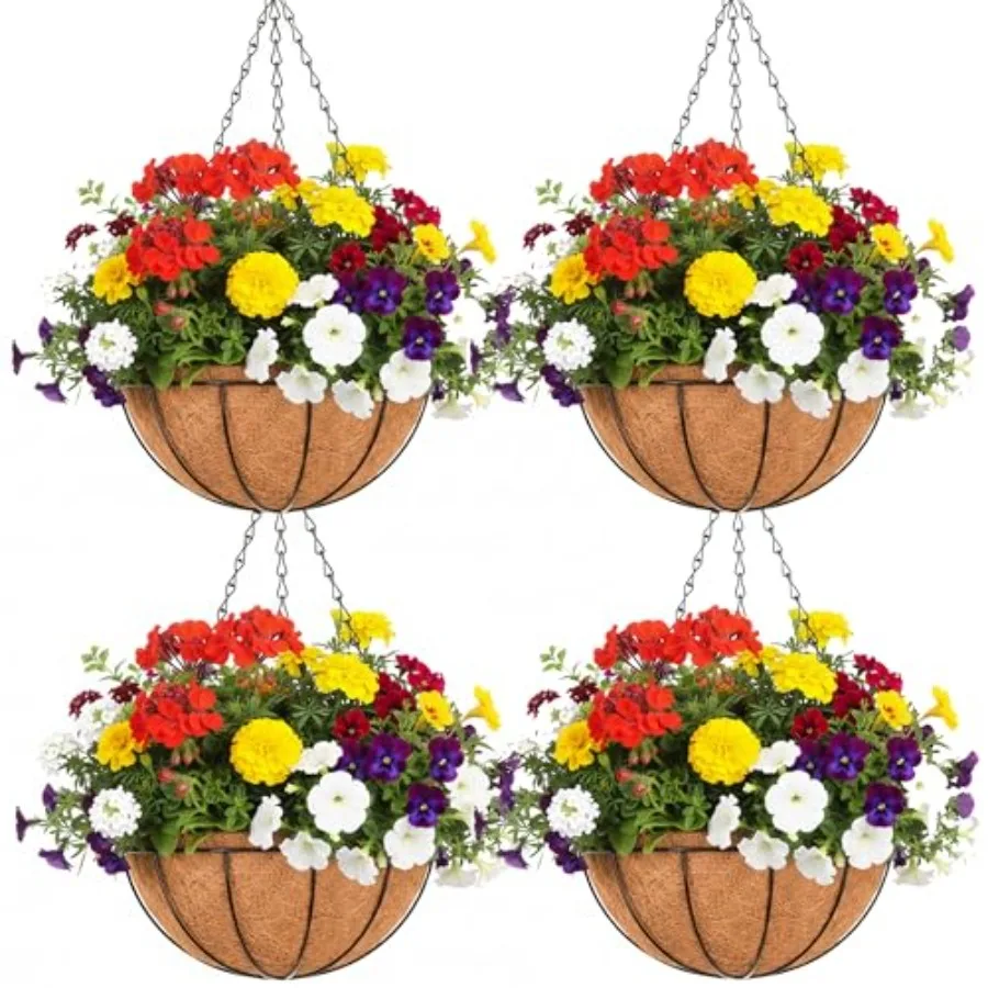 

Outdoor Metal Hanging Planters Basket 4pack 14 inch Chain Round Wire Plant Holder with Coco Fiber Liners for Garden Patio Deck