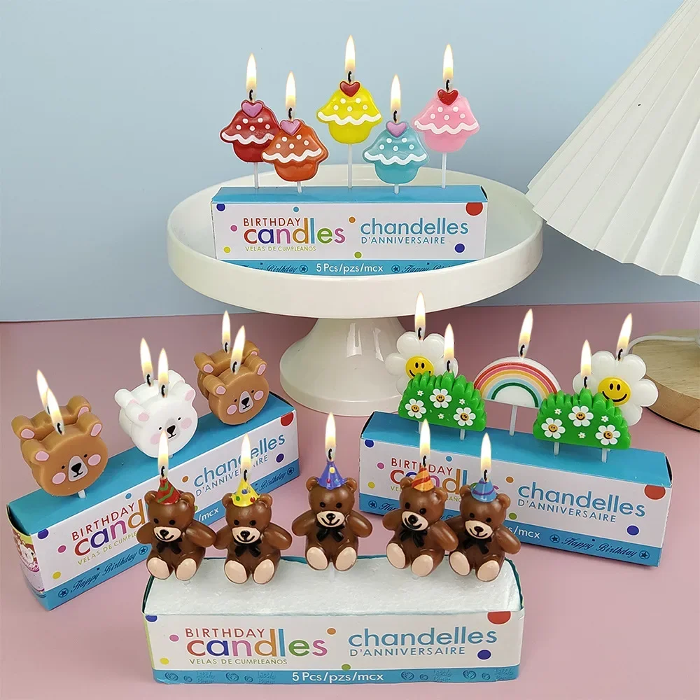 1set Bear flower Theme Candle Baby Shower Cake Topper Dessert Candle Happy Birthday Candle Party Cake Decoration Supplies