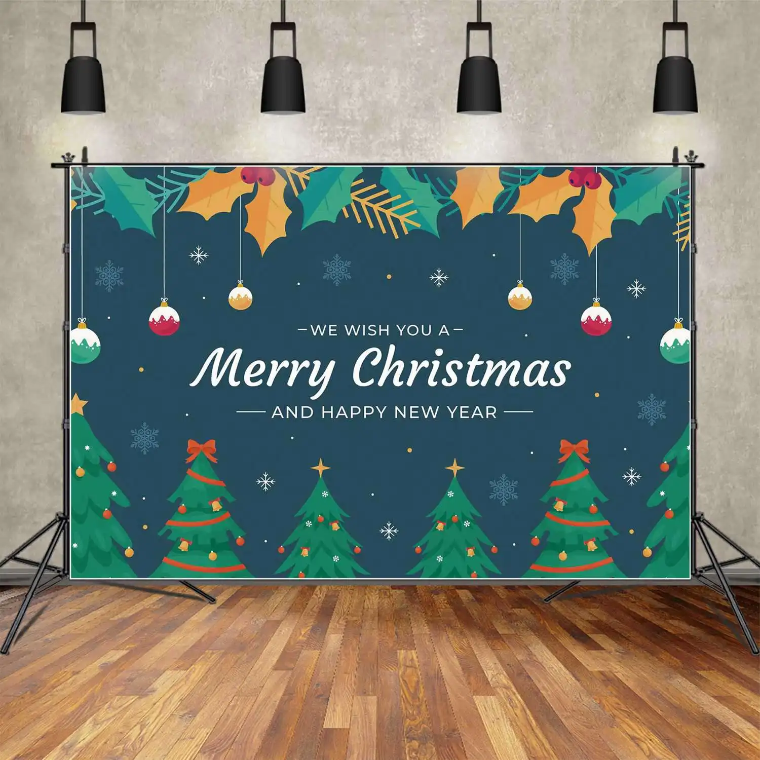 MOON.QG Backdrop Merry Christmas Tree Banner Party Decoration Background Blue Snowflake Sky Bean Green Pine Photo Booth Props