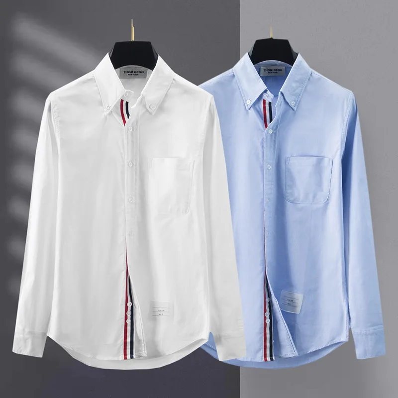 

2024 TB Long sleeved Shirt Summer Fashion Couple Slim Solid Color Lapel Shirt Trendy Colorful Woven Stripe Pocket Shirt Women