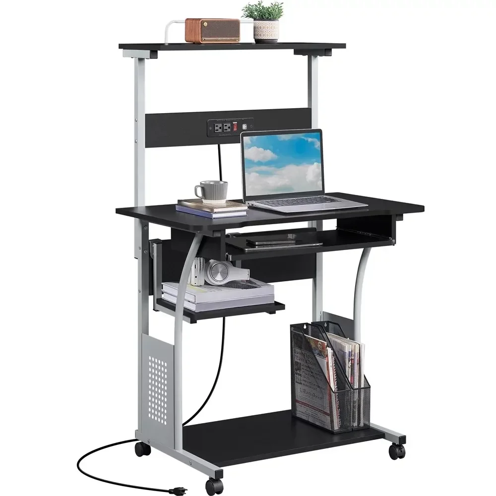 3 Tiers Computer Desk with Charging Station Printer Shelf for Home Office, Computer desk