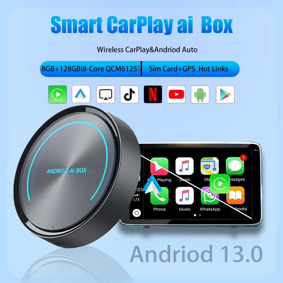 

New Android13 Android Auto Wireless CarPlay AI TV Box 8-Core+128GB For Netflix YouTube Built-in Play Store 4G SIM GPS Hot spot