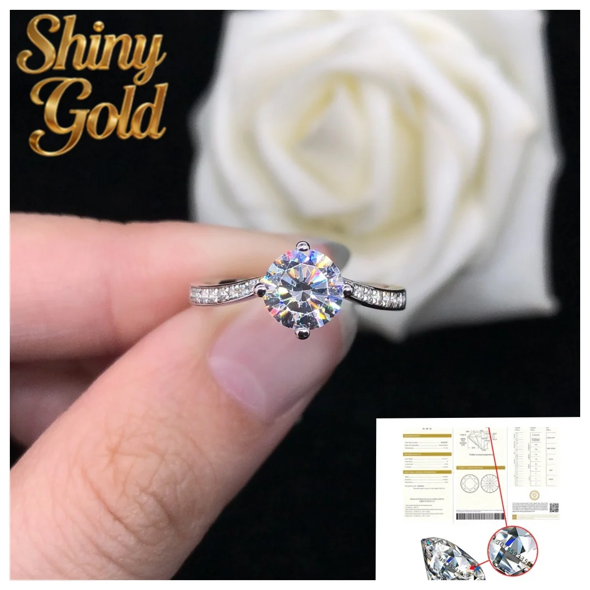 

ShinyGold Glitter Dazzle 1Ct 6.5mm D Color VVS1 Moissanite Engagement Ring AU585 14K White Gold Ring Wedding Diamond Jewelry 09