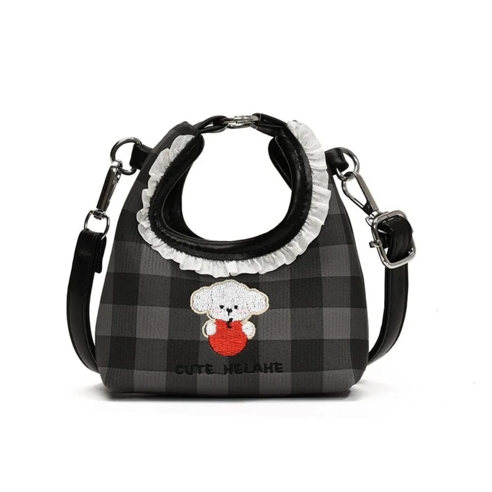 

Fashion Embroidery Dog Shoulder Bag Cartoon Solid Color PU Crossbody Bag Grid Korean Style Crescent Handbags Outdoor