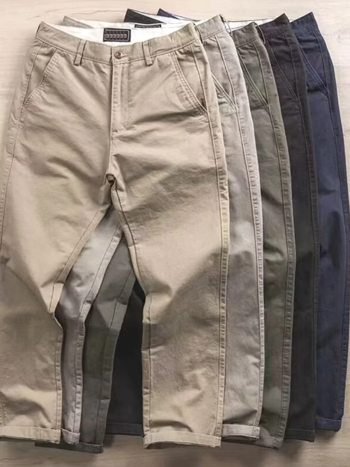 

Мужские брюки из чистого хлопка премиум-класса, прямого кроя, зауженные, для работы и повседневной носки, в американском стиле, цвета хаки, модные, укороченные (7/8)