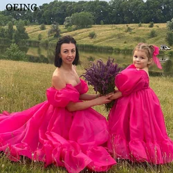 OEING Fuchsia Tulle Mother And Daughter Party Dresses Sweet Ruffles Tiered Photography Dress Mom And Kids Brithday Prom Gowns