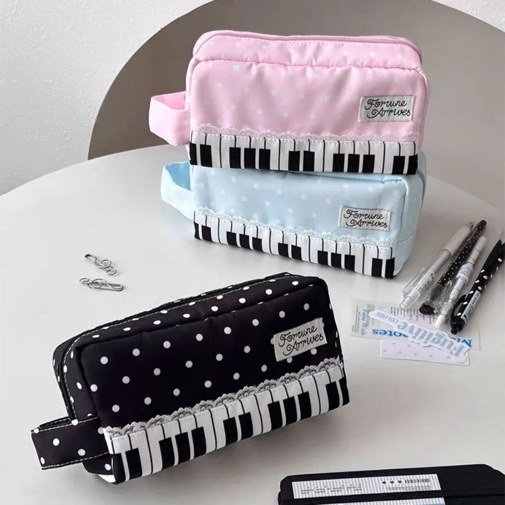 Kawaii Polka Dot Piano Key Print Federmäppchen mit Griff, großes Fassungsvermögen, Federmäppchen, Stifttasche für Studenten