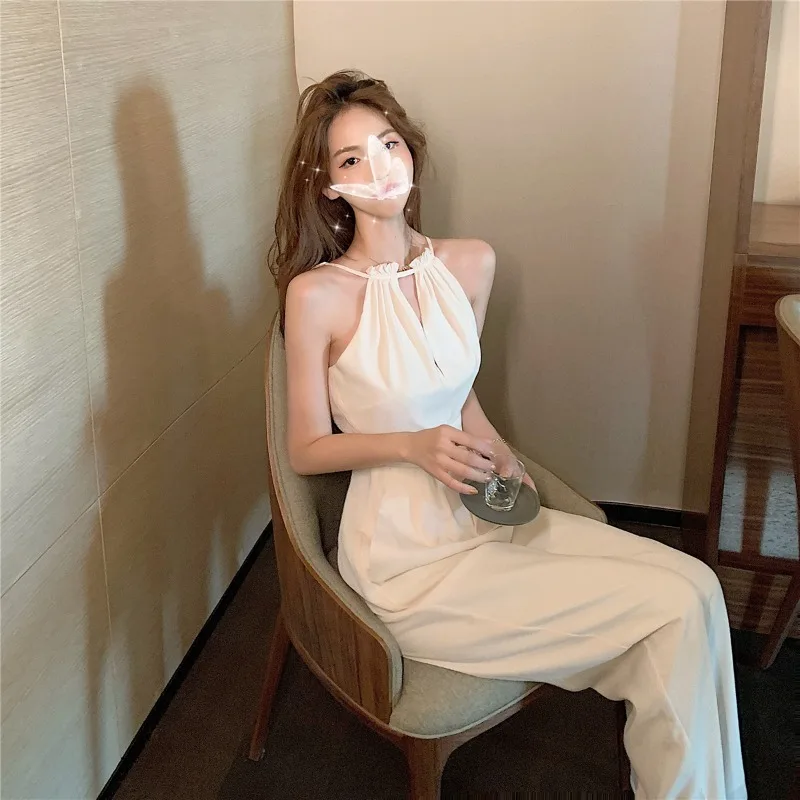 

Korean Fashion 2023 New High Waist Wide Leg Pant White Open Back Jumpsuit Ladies Thin Casual Pants Women Summer Clothes Jumpsuit