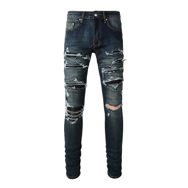 Men Black Leather Patches Denim Jeans Streetwear Skinny Tapered Pants Holes Ripped Dark Blue Stretch Trousers