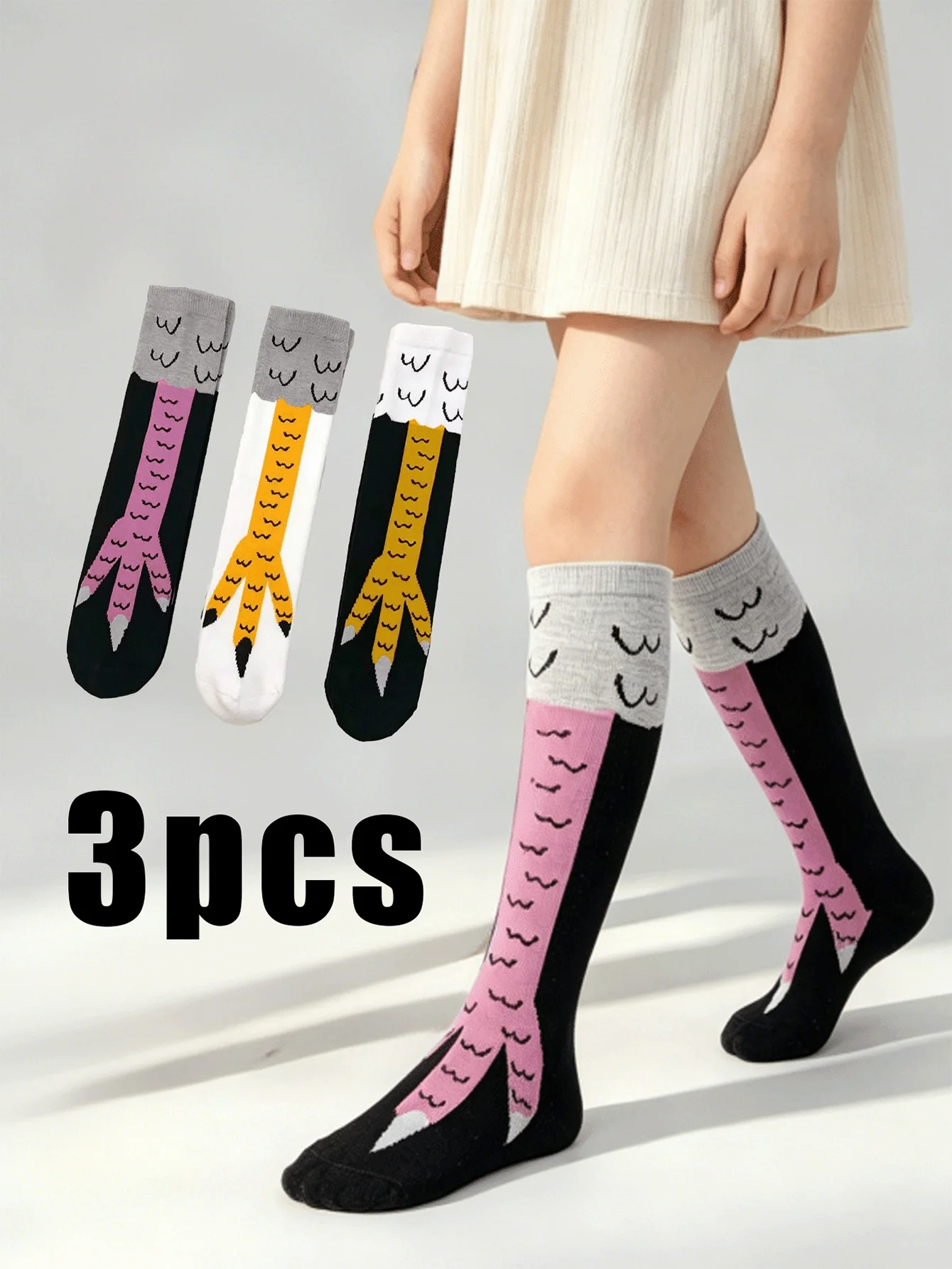 3 Paar lustige Hühnerkrallen-Socken für Kinder, 3D-Tierfuß-Print, kniehoch, atmungsaktiv, lässig, Party-Spaß, Kindersocken für Mädchen und Jungen