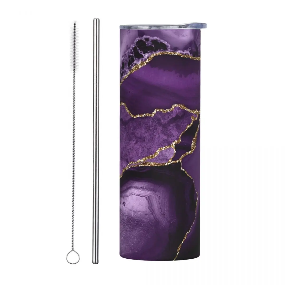 Purple Faux Marble Abstract Landscap Stainless Steel Tumbler Vacuum Insulated Mug Thermal Cold Cups Straws With Lid 20oz