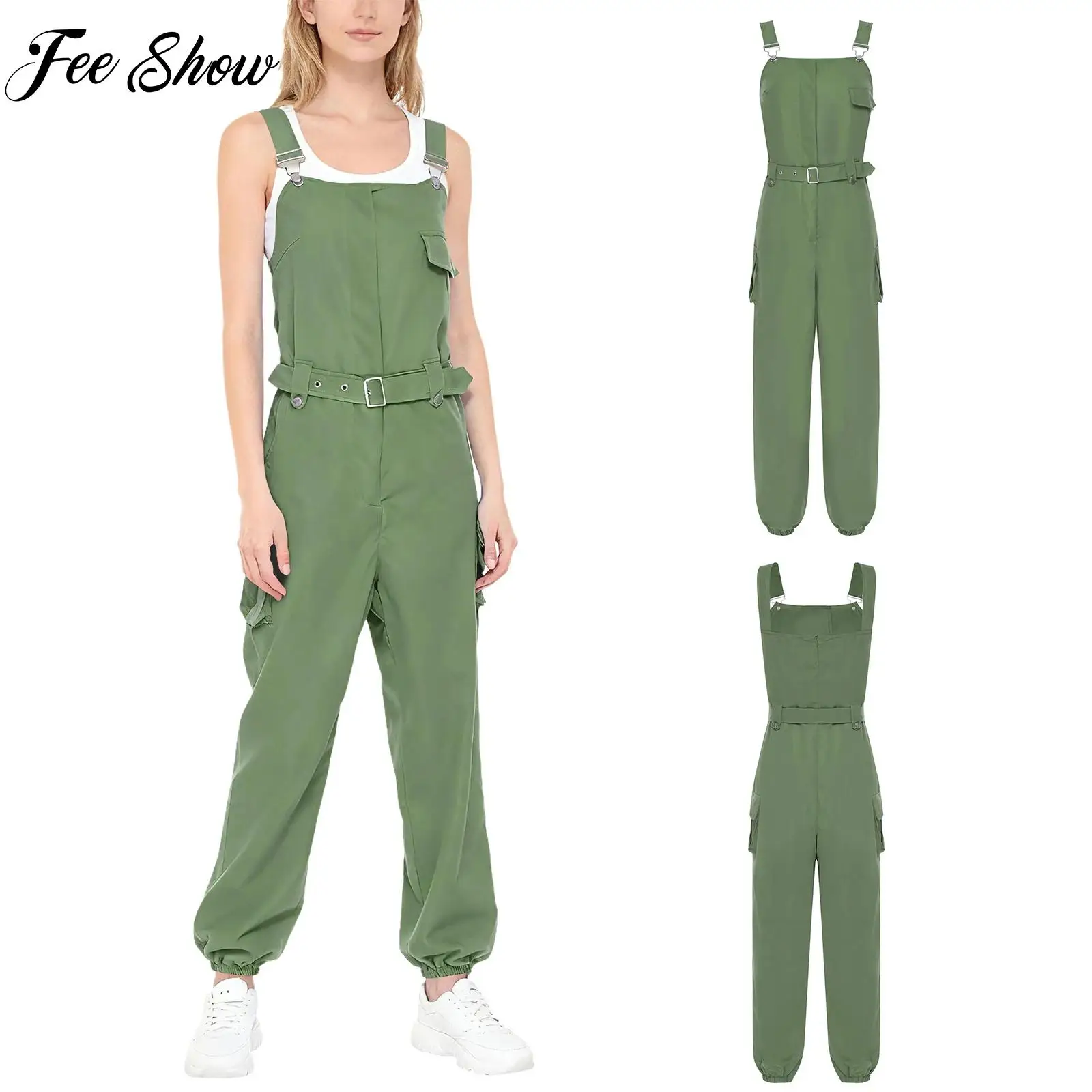 

Women's Fitness Jumpsuit Flap Pockets Cargo Jumpsuit Beachwear Adjustable Wide Shoulder Straps Sleeveless Overalls with Belt