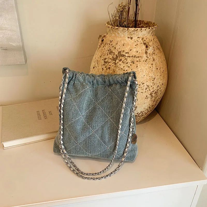 Retro Denim Sense of Luxury Square Shoulder Bags Rivet Chains Diamond Lattice Tote Bags for Women 2024 Fashion Versatile on Sale