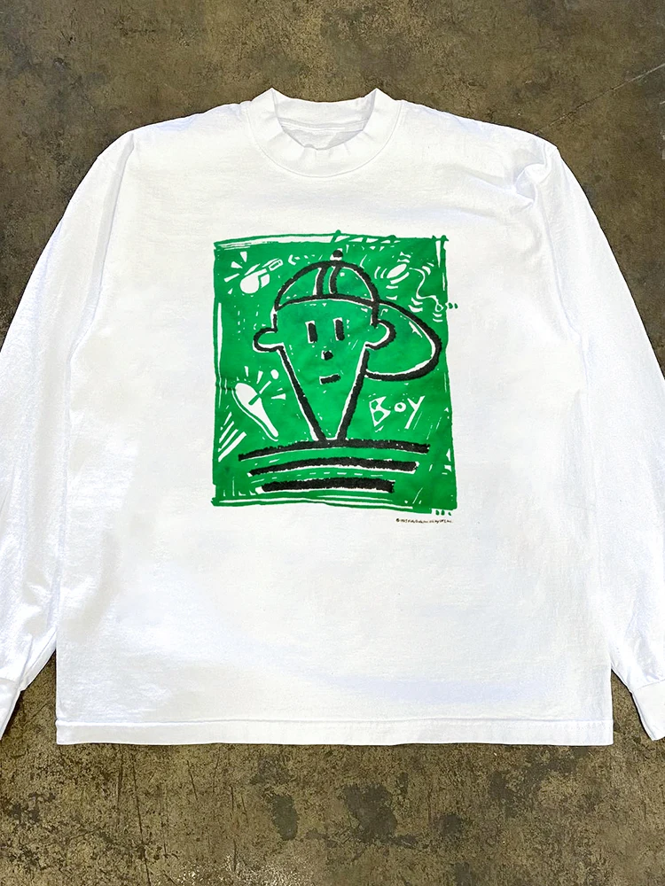 Loose Long Sleeve T-Shirt Unisex Youth Fashion Graffiti Cartoon Design Oldschool College Style Trendy Streetwear Cotton Tee