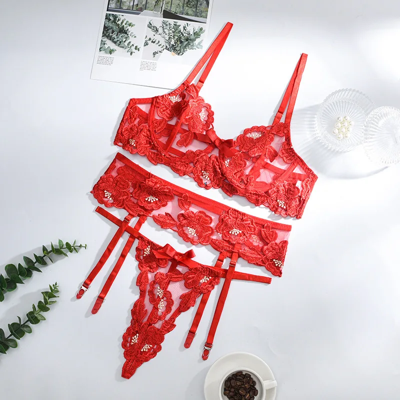 Lingerie mulher sexy vermelho reunião sutiã lingerie feminina roupa interior três peças liga cinto conjunto ver através de sutiã de renda e calcinha conjunto