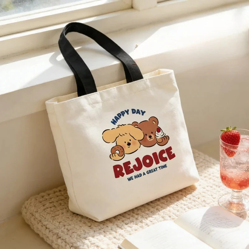 Cute Hand Drawn Animal Illustration Canvas Handbag Lunch Tote Bag For Women Daily Use