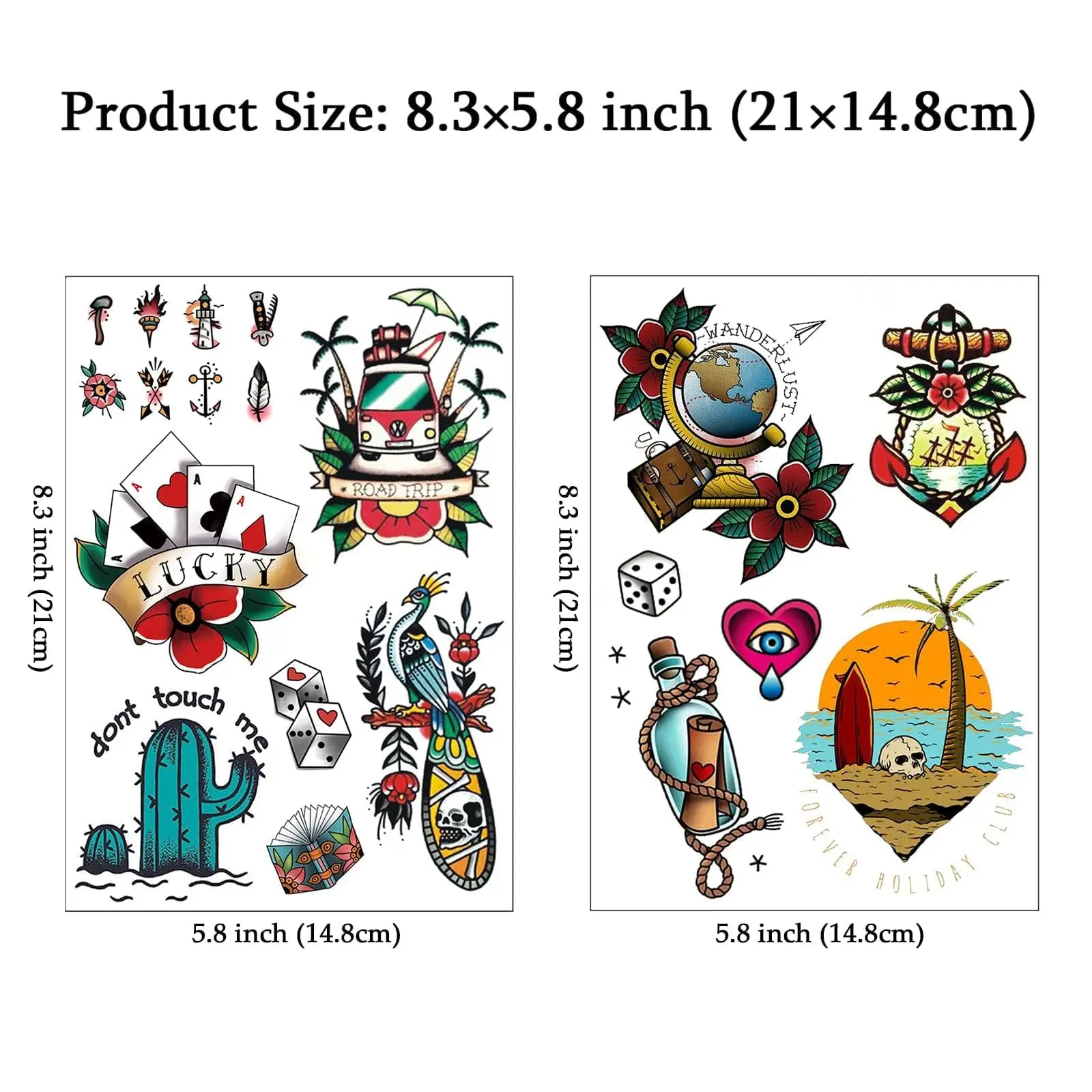 Traditional Temporary Tattoos - Old School Vintage Classic Cool Stickers Sailor Jerry Style Flower Globe Beach Coconut Tree Skul