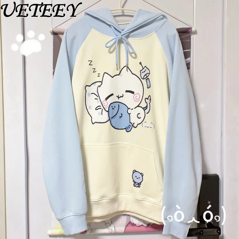 Sweats à capuche en pur coton avec impression de dessin animé mignon pour filles, sweat-shirt épissé original, pull à manches longues, doux, polyvalent, printemps, automne