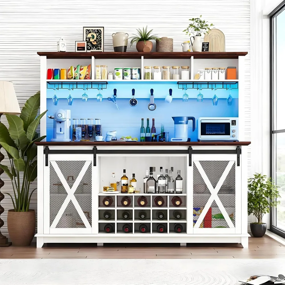 Armadietto da bar da 63 pollici con luci a LED, armadietto da bar per vino con contenitore, gabbia da cucina con porta scorrevole per fienile