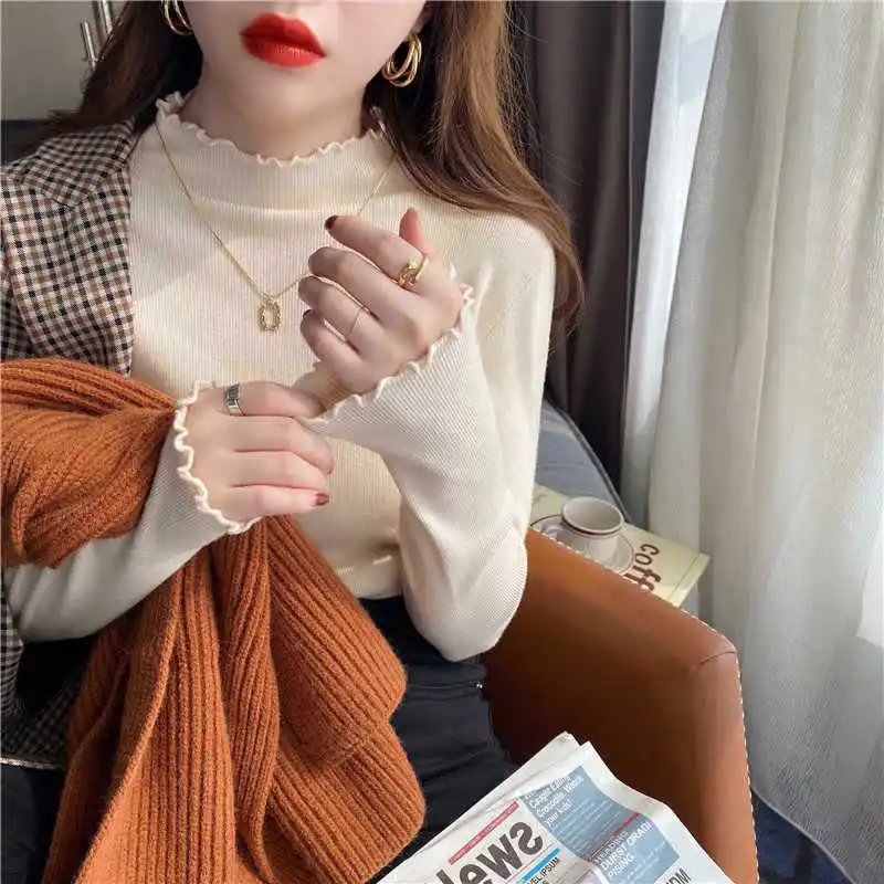 

Ele Sle Women's Knitted Sweater f High Collar Base Layer with Wood ain Ruffle Autumn Winter New Arrival Slim Fit