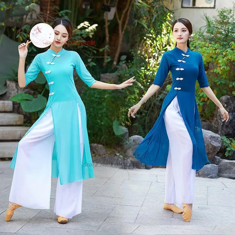 2025, chinesisches traditionelles Qipao, Retro-Mesh-Cheongsam-Kleid + Hose, Set für Damen, elegantes Bühnenkostüm, orientalisches Bühnenkleid