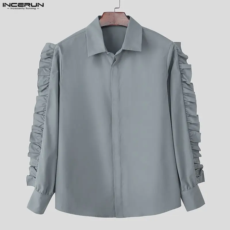 

INCERUN Мужская рубашка сплошной цвет с лацканами и длинными рукавами с рюшами повседневная мужская одежда свободная уличная одежда модные топы для отдыха Camisas S-5XL