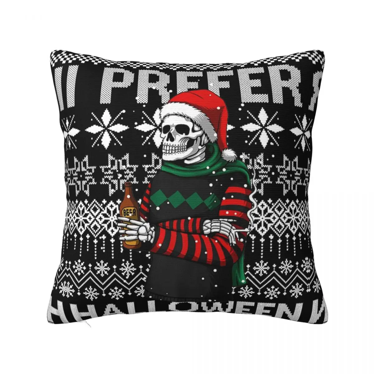 I Prefer Halloween Funny Christmas Skeleton Pillow Cover Accessories Decorations Skull Xmas Sweater Ugly PillowCase Multi-Size