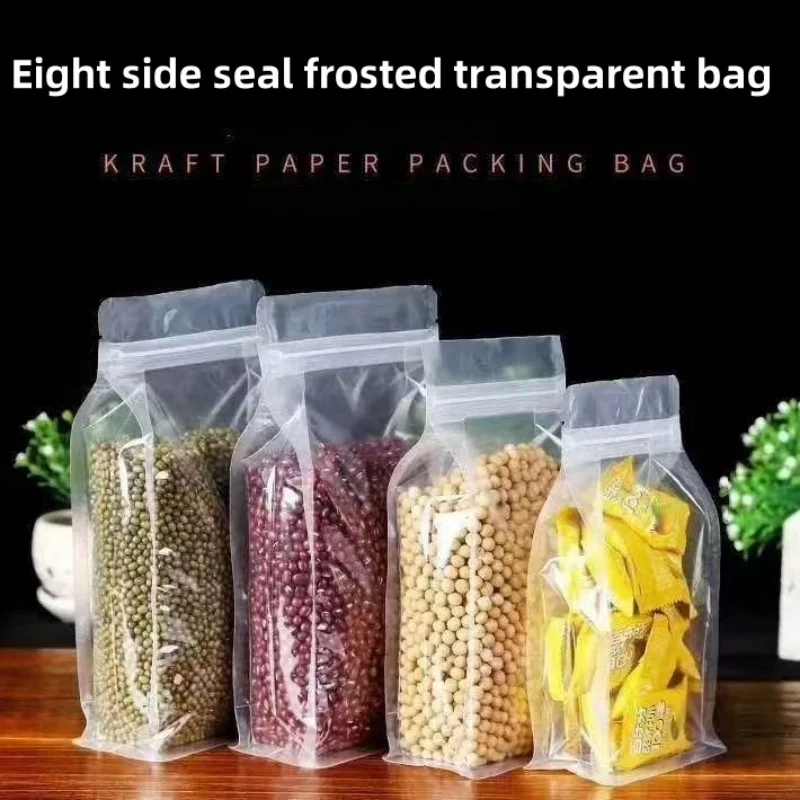 Nut food sealing bag frosted transparent eight side seal plastic bag self-standing self-sealing tea self-adhesive bag packaging