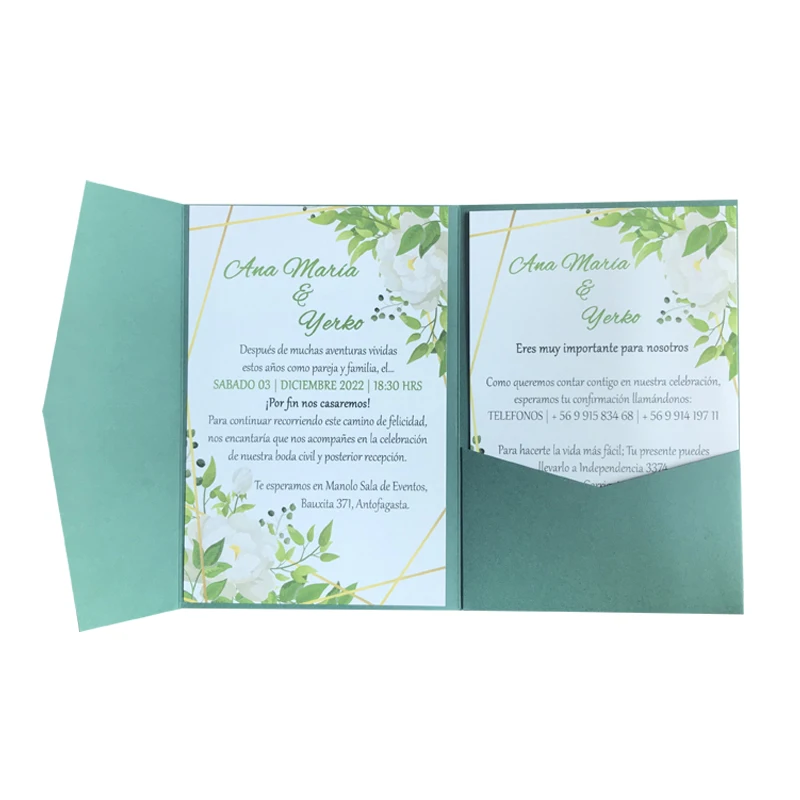 Dark Green Tri Fold Pocket Wedding Invitation Card, Customized Print, Engagement, XV, Birthday, Baptism, IC160, 50 Sets