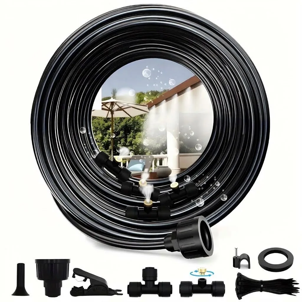 Durable 100FT Misting Cooling System Set With 30 Brass Mister Sprayers 2 PE Antioxidant Adapters 2 Tee Adapters 2 Angle Elbows