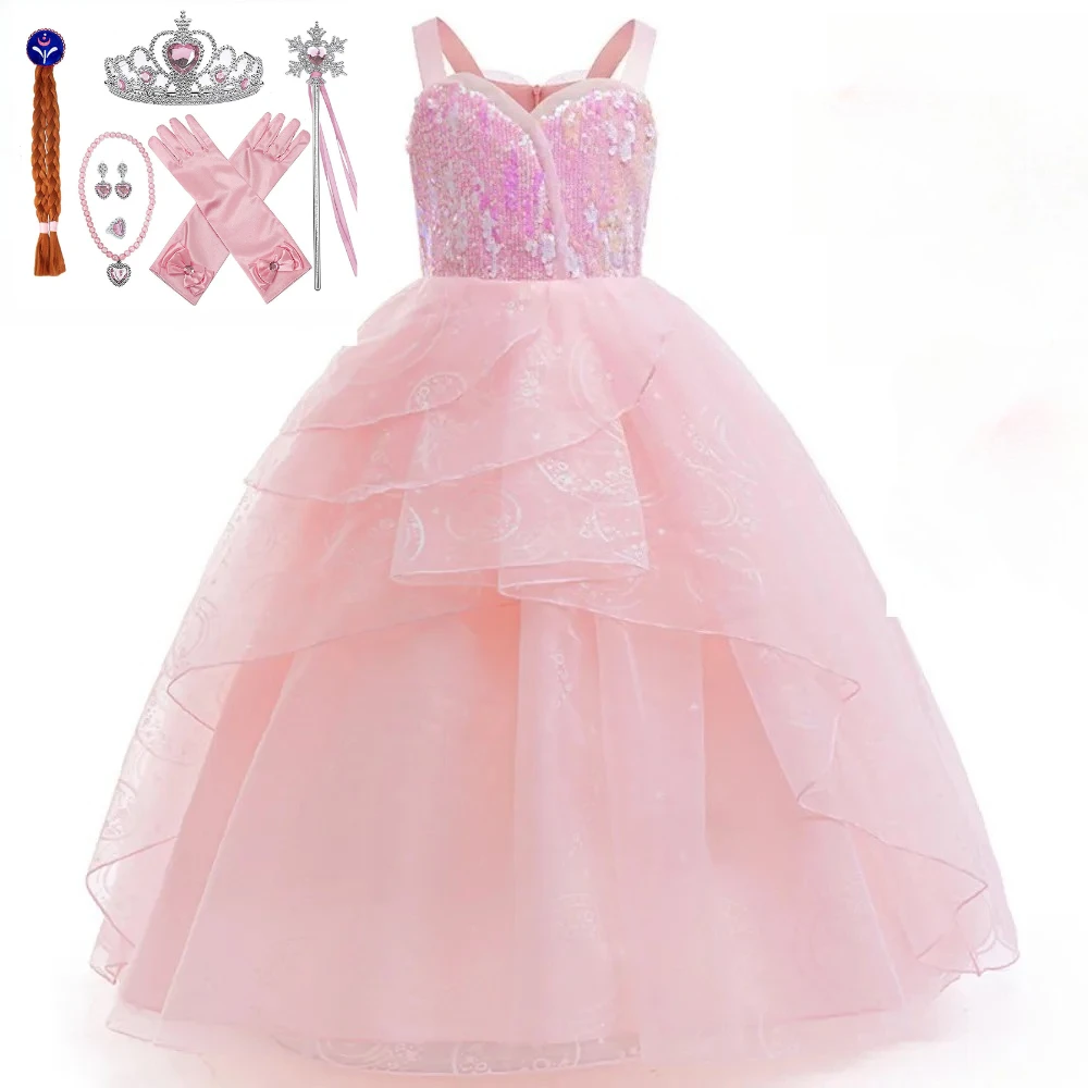 

7pcs Movie Magic Wicked Witch Pink Costume Dress Girls Cosplay Costume Halloween Outfits with Crown Birthday Party Gown