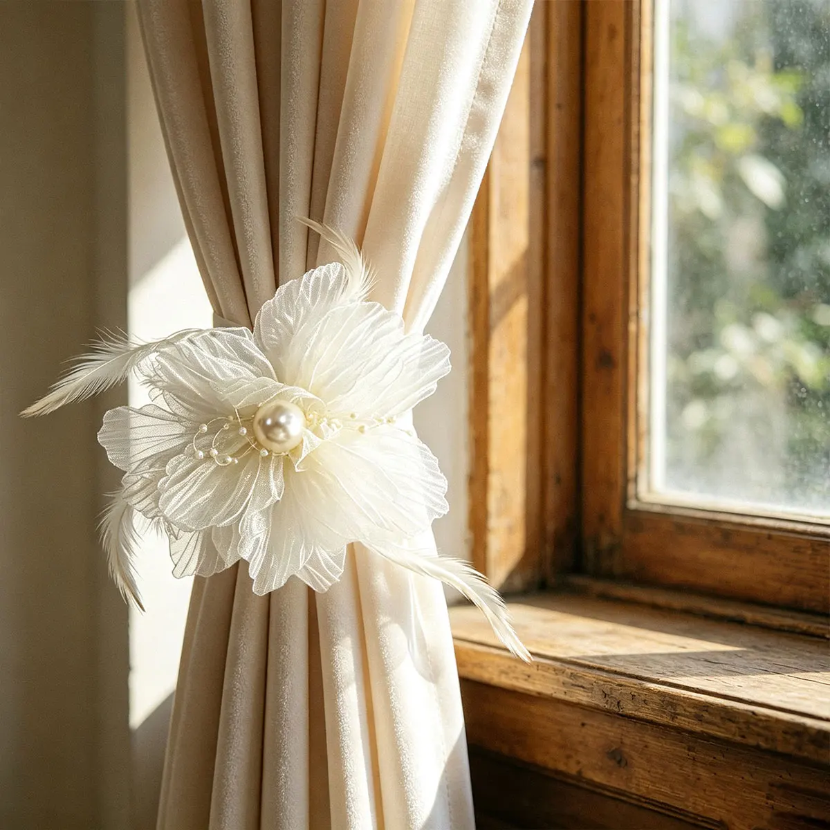 2Pcs Curtain Tiebacks Flower Decor Curtain Holdbacks with Pearl & Feather Ornaments Window Drape Holder for Living Bedroom Decor