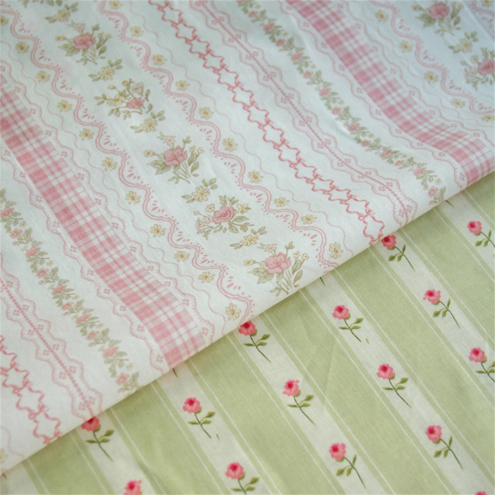 

French Fabric Early Seedling Pink Flower Wall Small Floral Green Stripe Poplin Cotton Fabric Children's Wear DIY Sewing Fabric