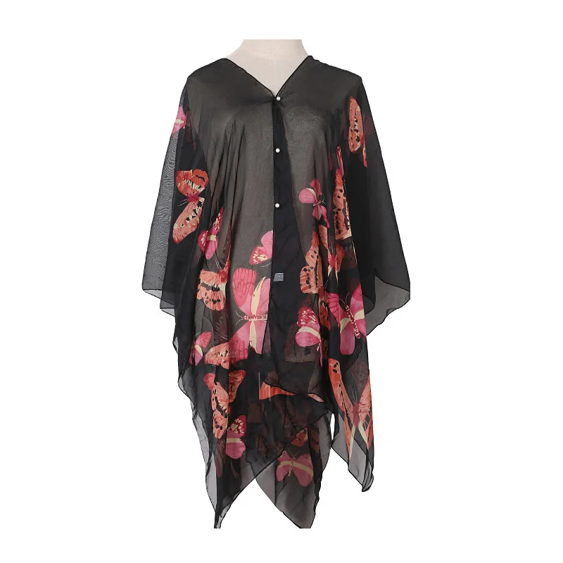 Woman Chiffon Sunscreen Shawl Fashion Printed Polyester Outdoor Beach Loose Tops Cloak Multicolor Summer Scarf Scarves