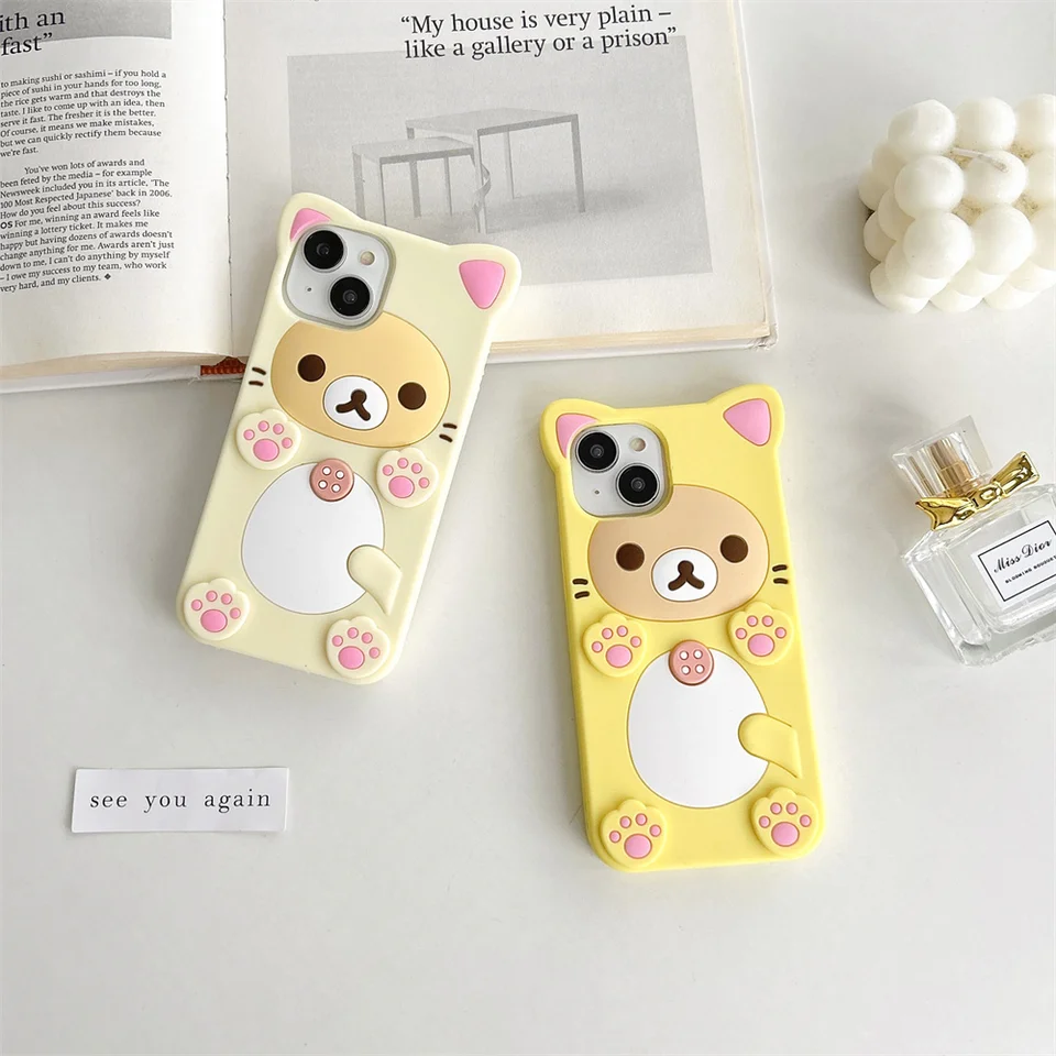 Funda de silicona suave con diseño de oso Rilakkuma para iPhone 17 Pro Max 16 15 14 13 12 Mini 11 Pro Max Xs XR 6 7 8 Plus SE, cubierta Kawaii de gato 3
