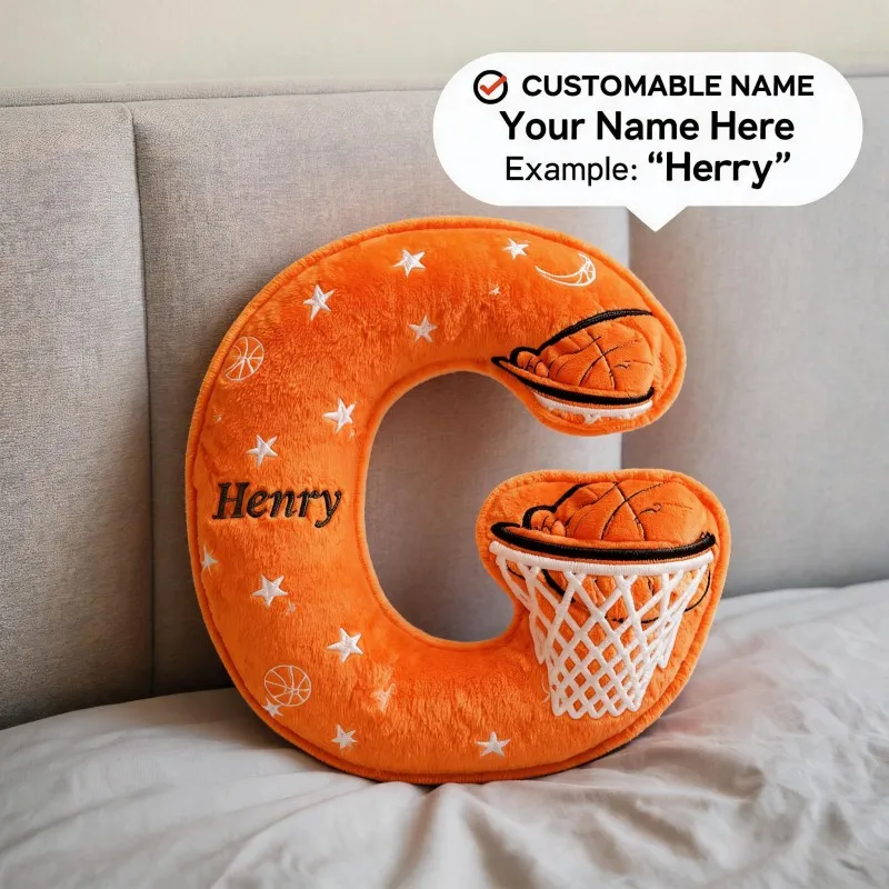 Custom Photo G Letter Pillow Basketball Theme Orange Cushion with Name Unique Sofa Bedroom Decor Gift for Birthday Fathers Day