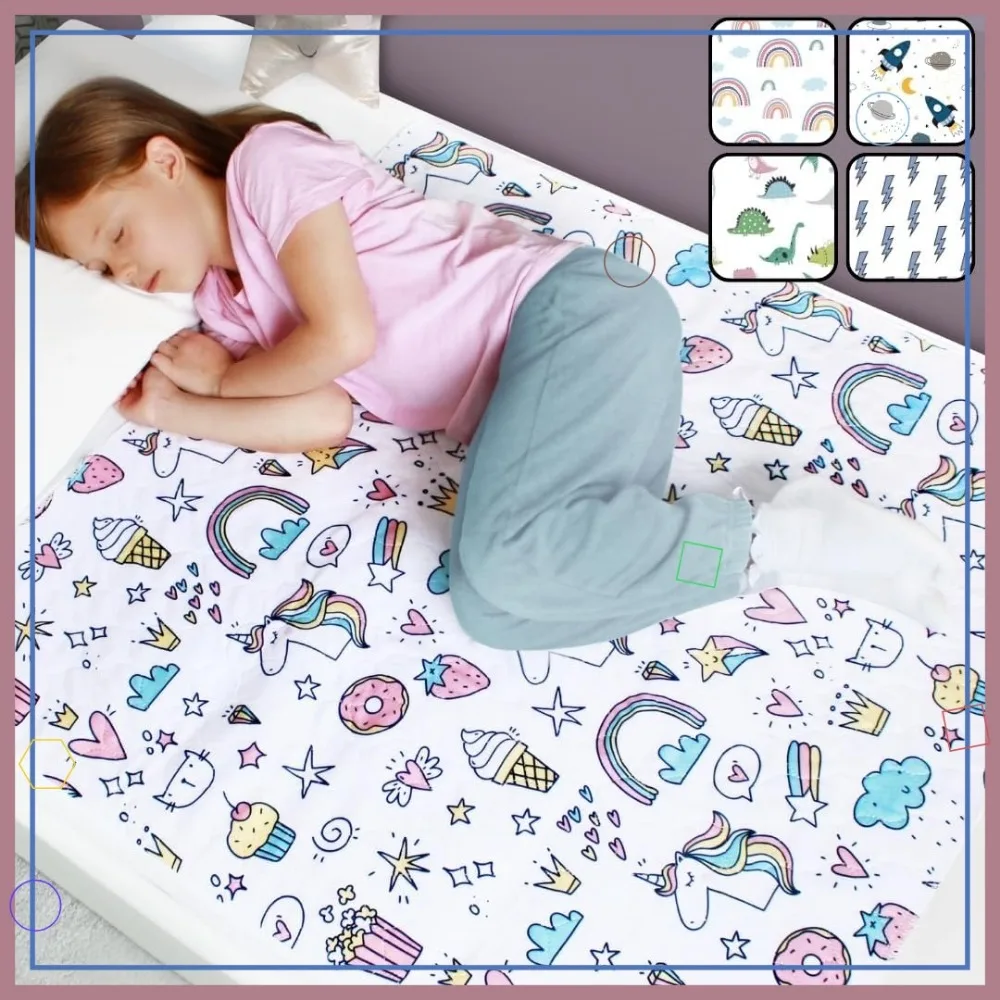 Kids Waterproof Bed Wetting Pads, 2-Pack Non-Slip Mattress Protector for Twin Beds, Washable Unicorn Design